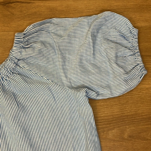 Loft | New linen blend one shoulder top/blouse Womens size S stripes puff sleeve - Picture 5 of 8